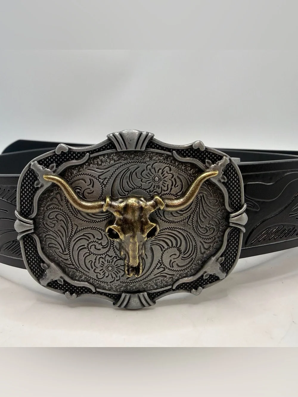 Western Cowboy Black Belt Longhorn Steer Skull Buckle 50” Rodeo Ranch Style